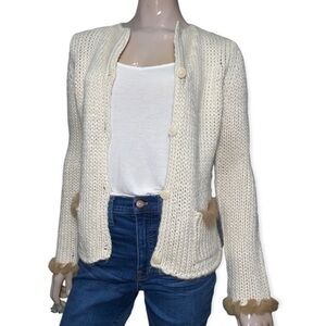 Pandemonium Women’s Size S Ivory Rabbit Fur Trim Button Up Pocket Front Cardigan